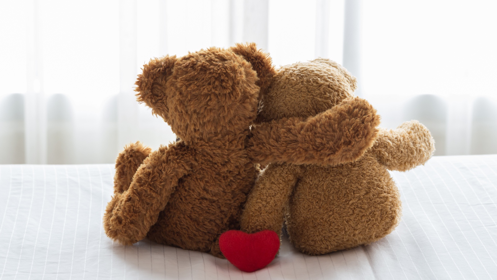 Два влюбленных плюшевых медвежонка на кровати