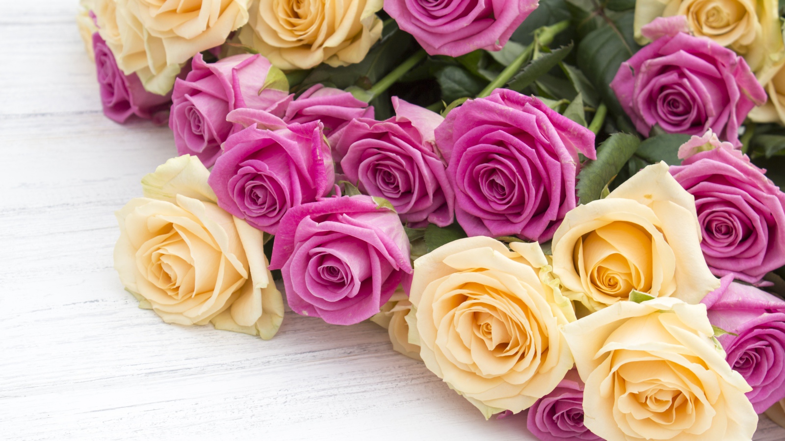 Розовые и белые розы на белом столе 