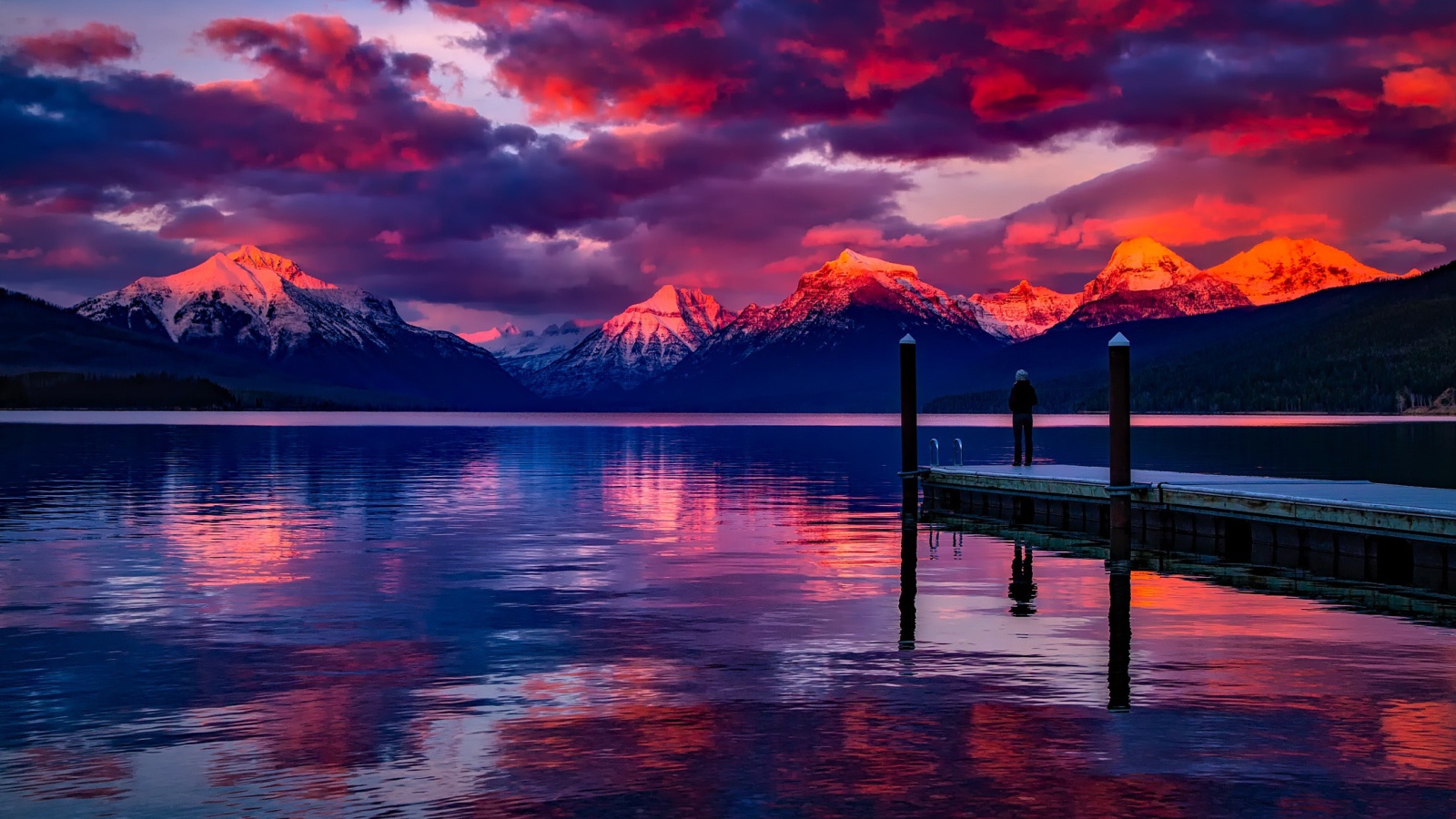 Beautiful sunset in the sky over the tops of snow-capped mountains by the lake