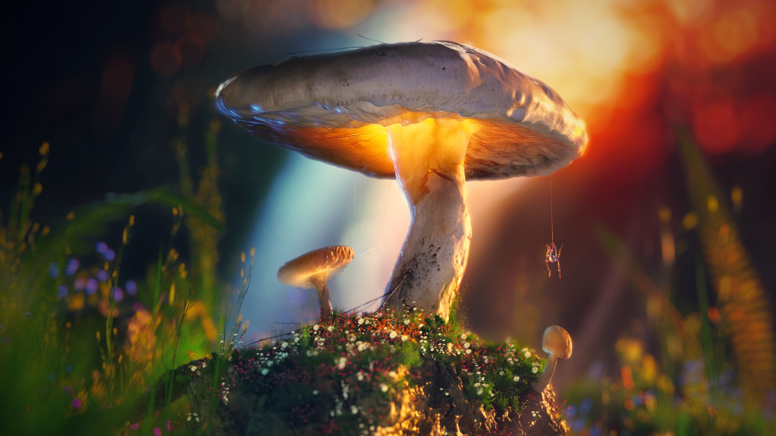 Паук висит на паутине на грибе