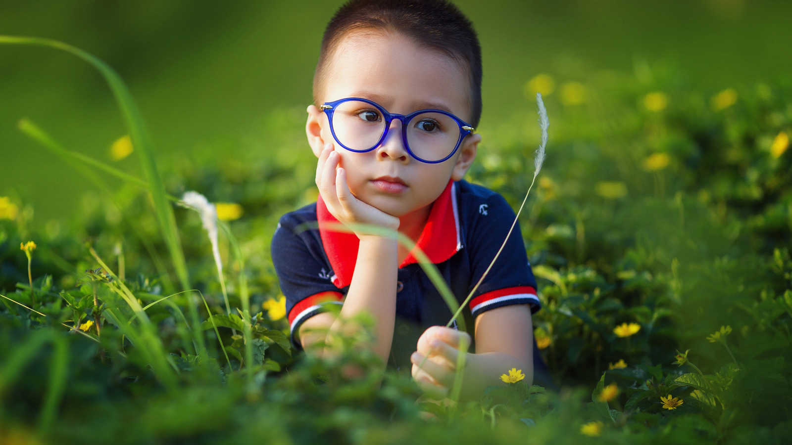 Маленький мальчик в очках лежит на зеленой траве