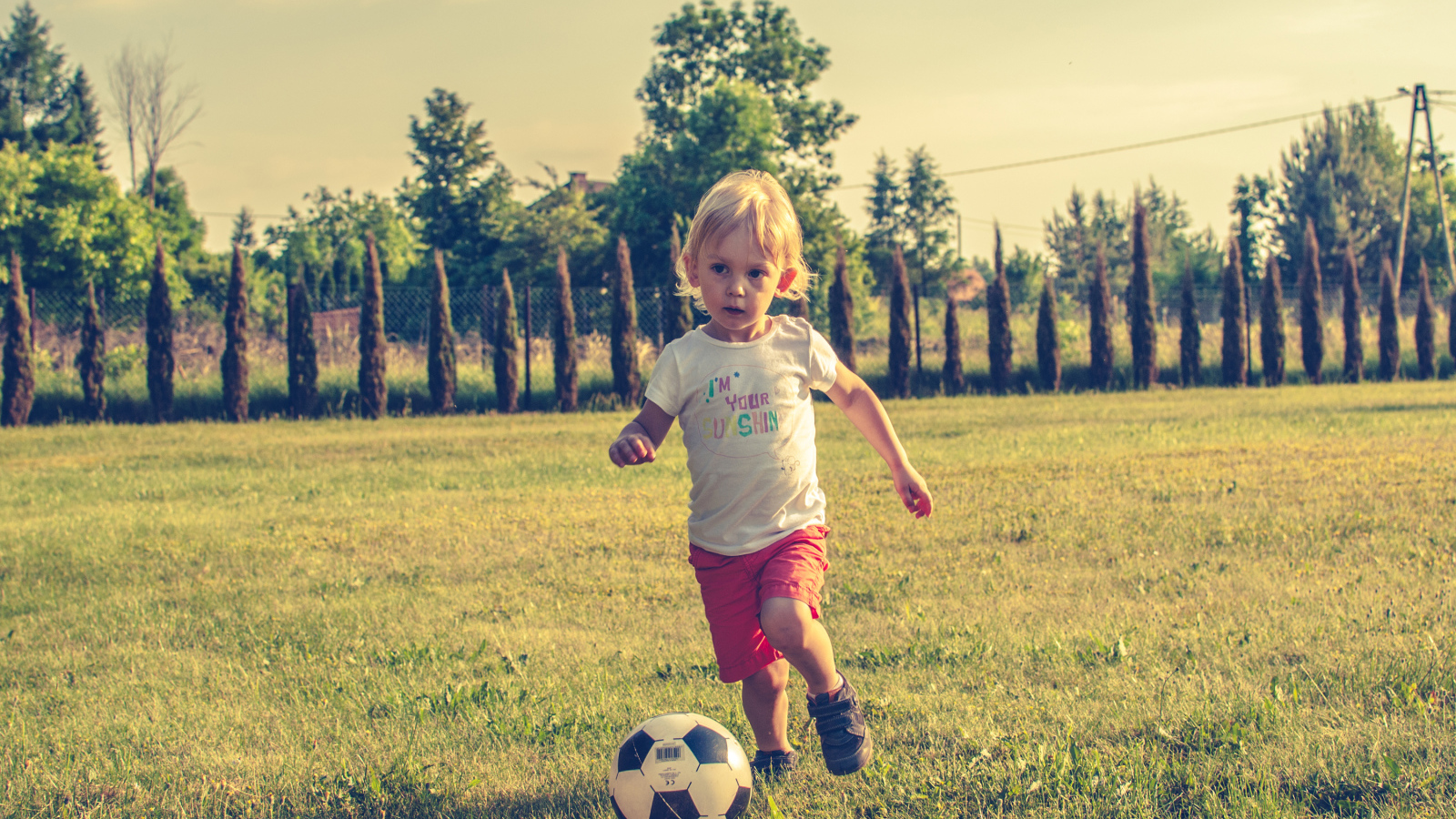 Маленький мальчик играет в футбол на зеленой траве
