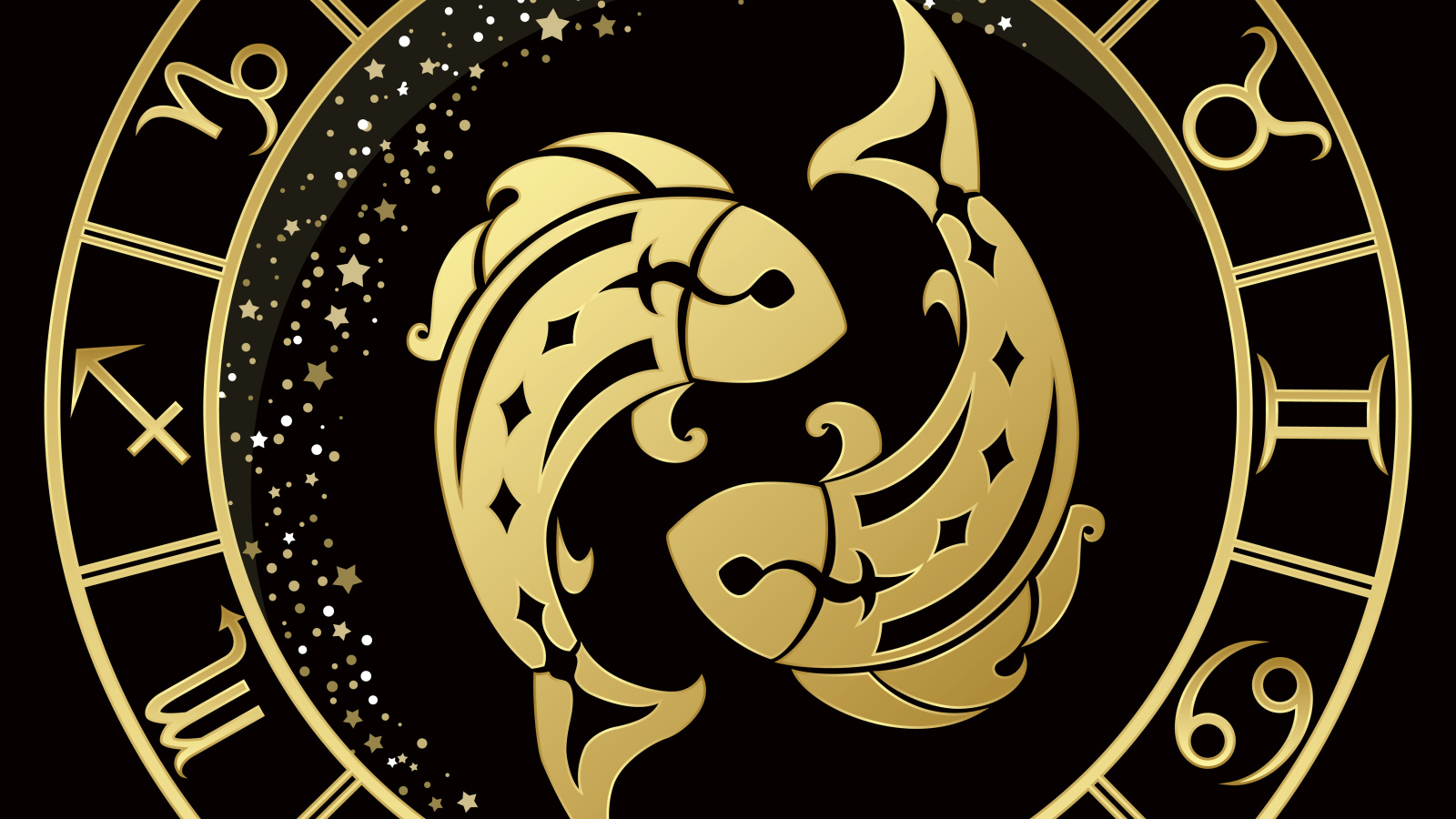 Золотой знак зодиака рыбы на черном фоне