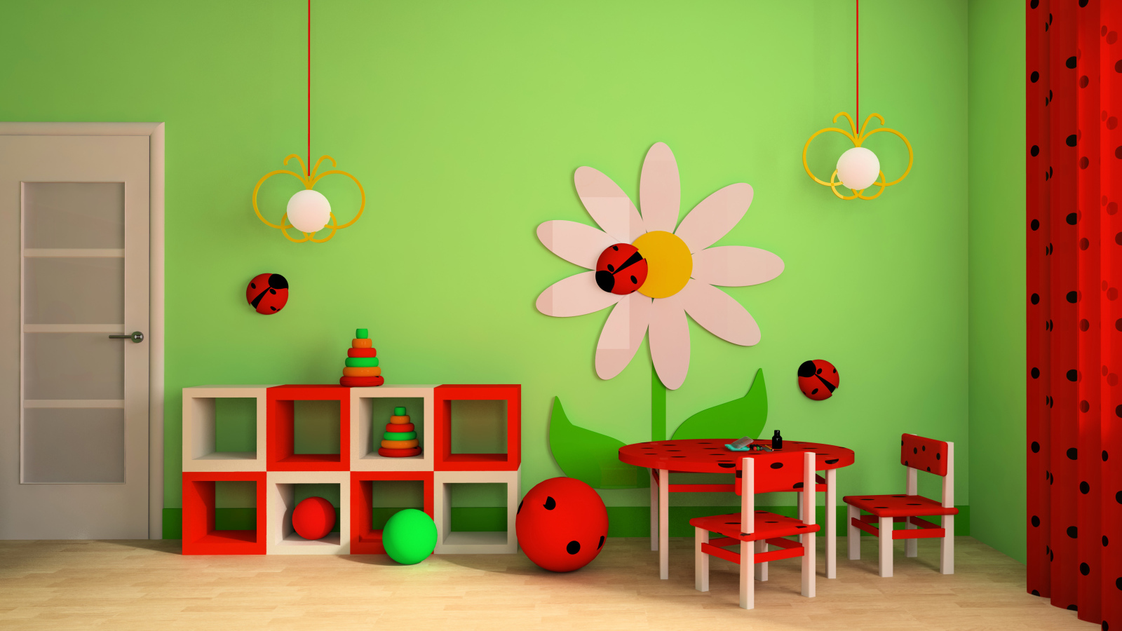 Яркая детская комната с красной мебелью и зелеными стенами