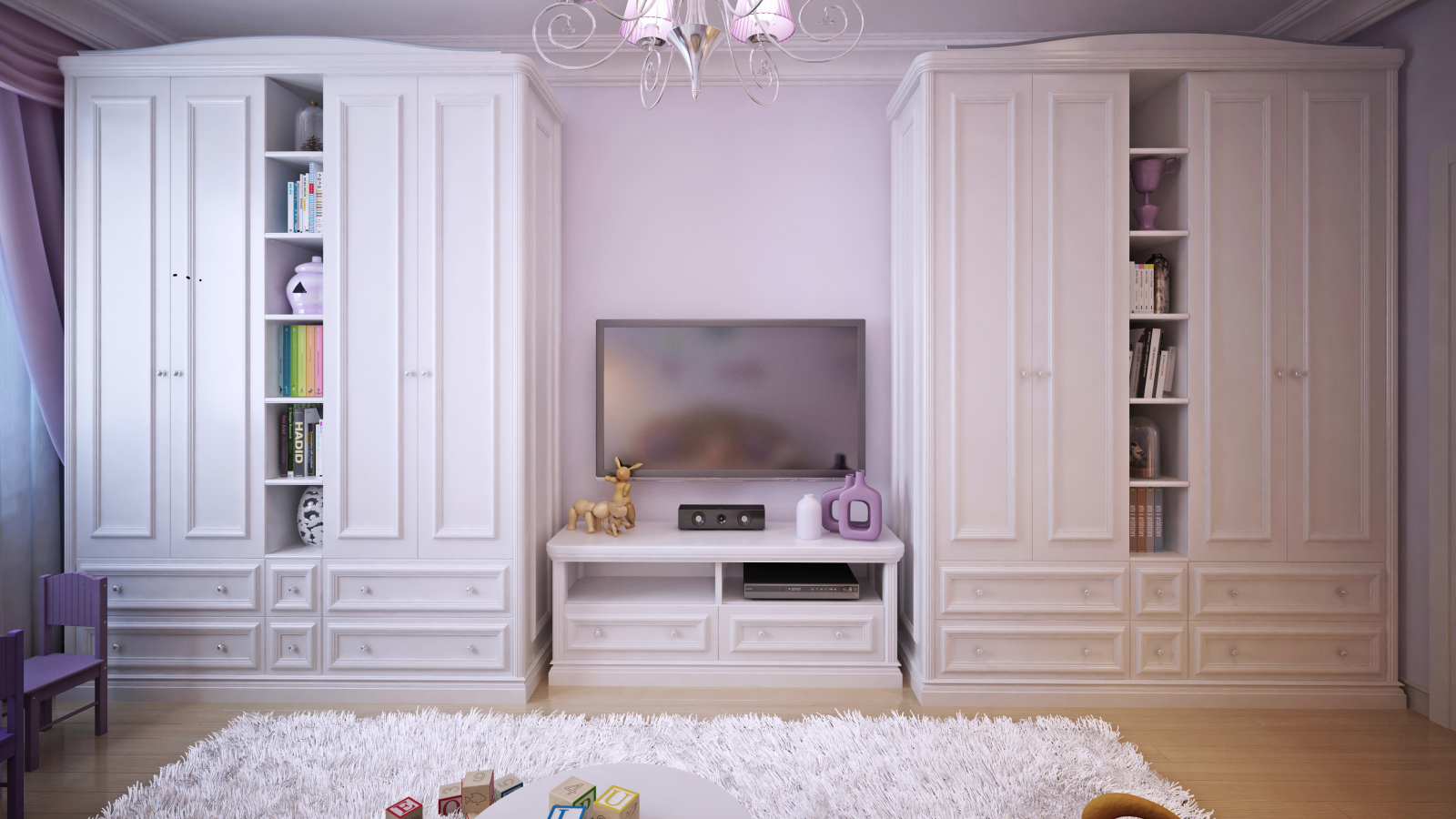 Детская комната с двумя большими белыми шкафами 