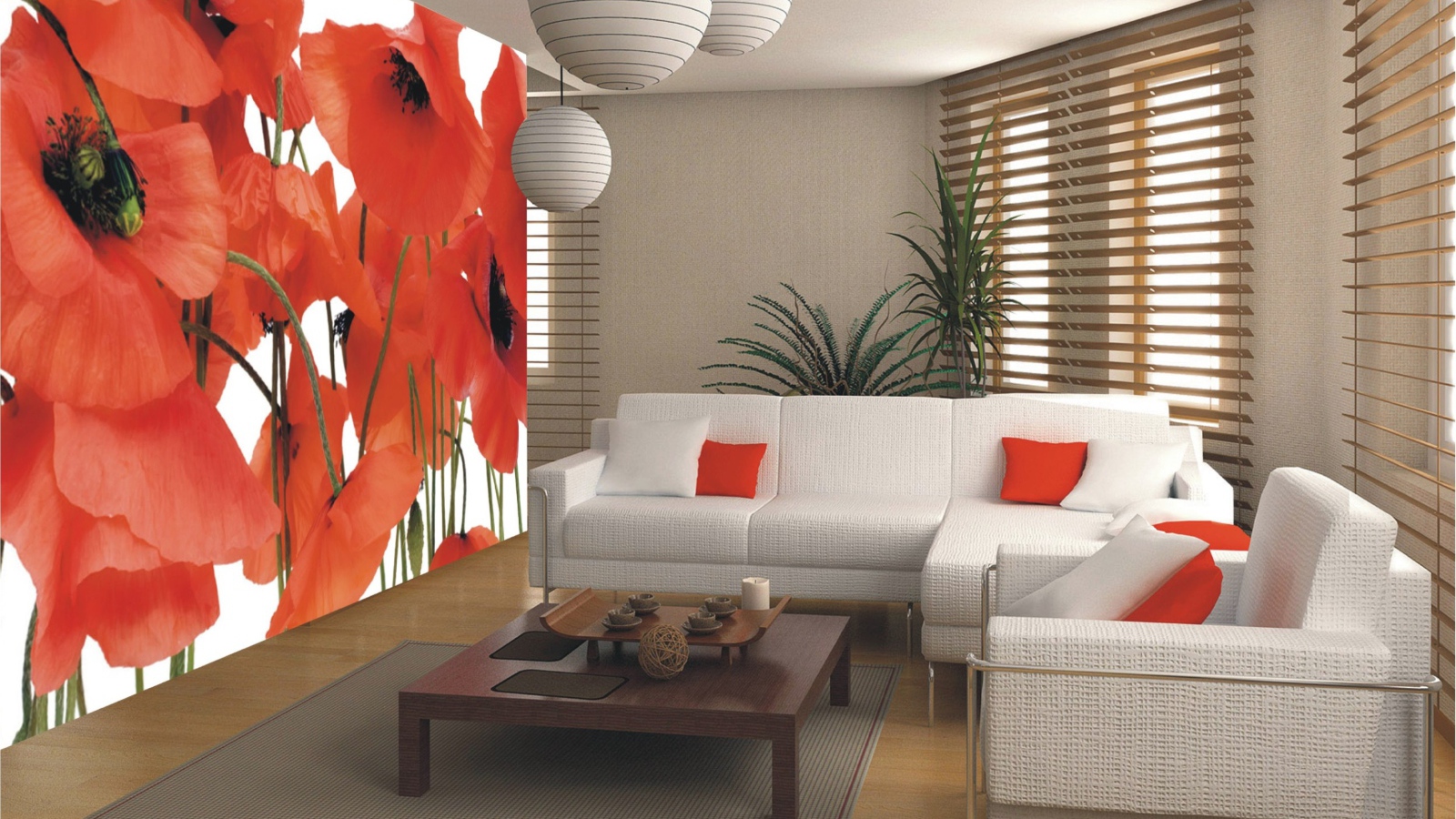 Гостиная комната с диваном и картиной с маками на стене 