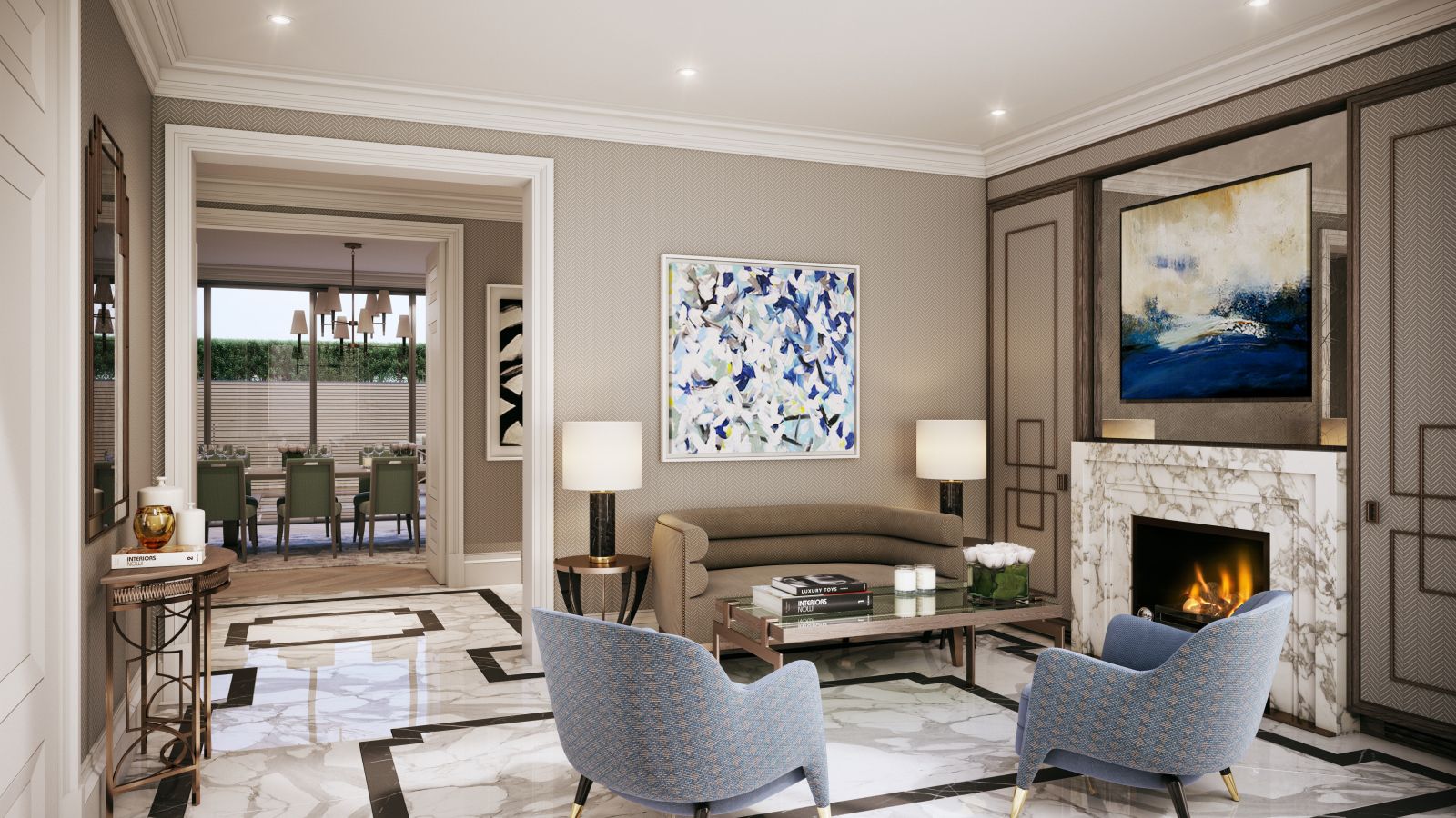 Гостиная с камином  и большой картиной на стене