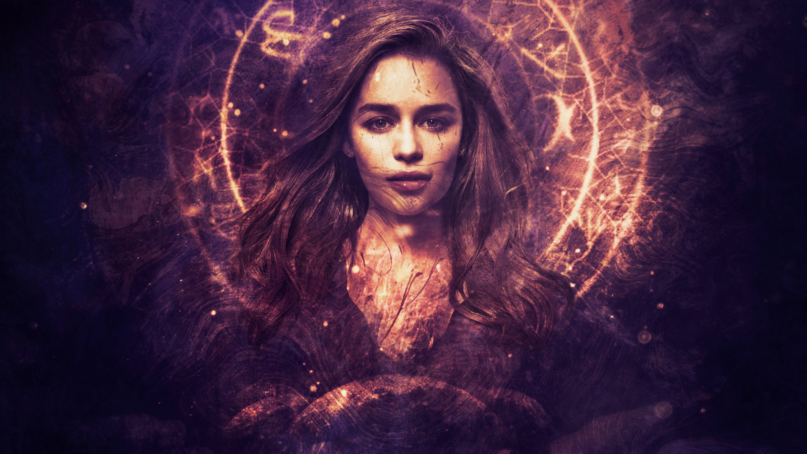 Лицо актрисы Эмилии Кларк на светящемся фоне,  фентези