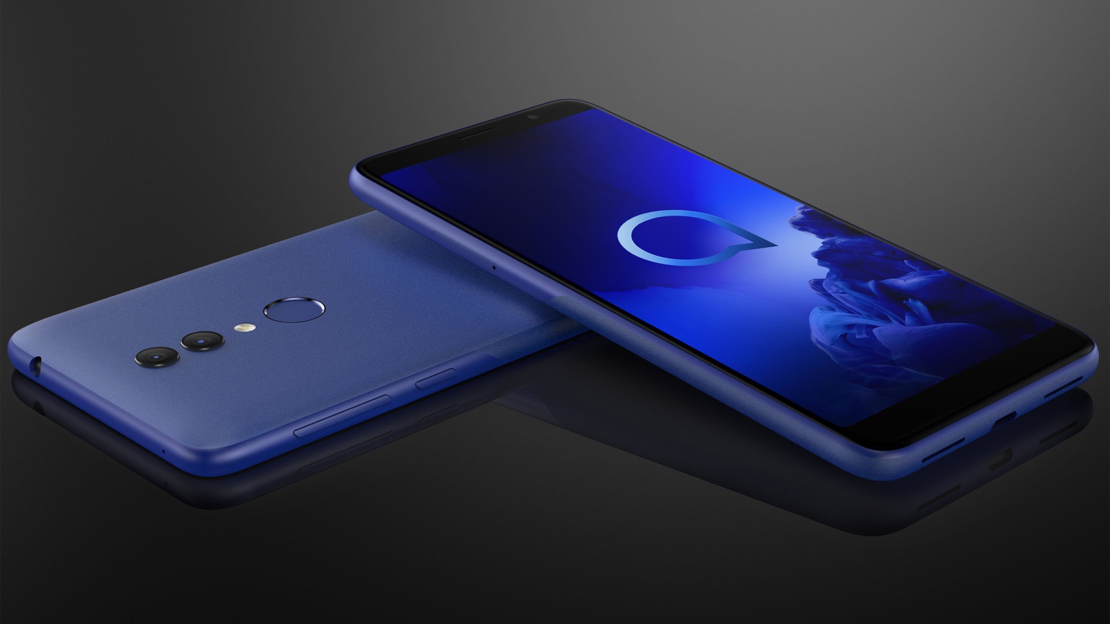 Два тонких смартфона Alcatel 1 на сером фоне