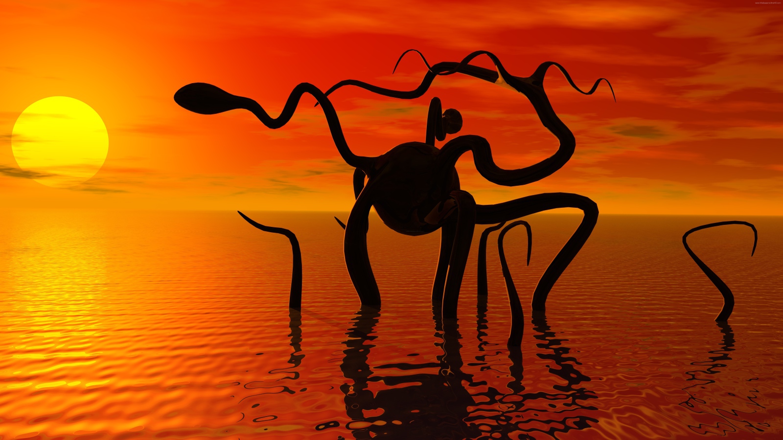 Фантастическое животное в спокойной морской воде на закате солнца
