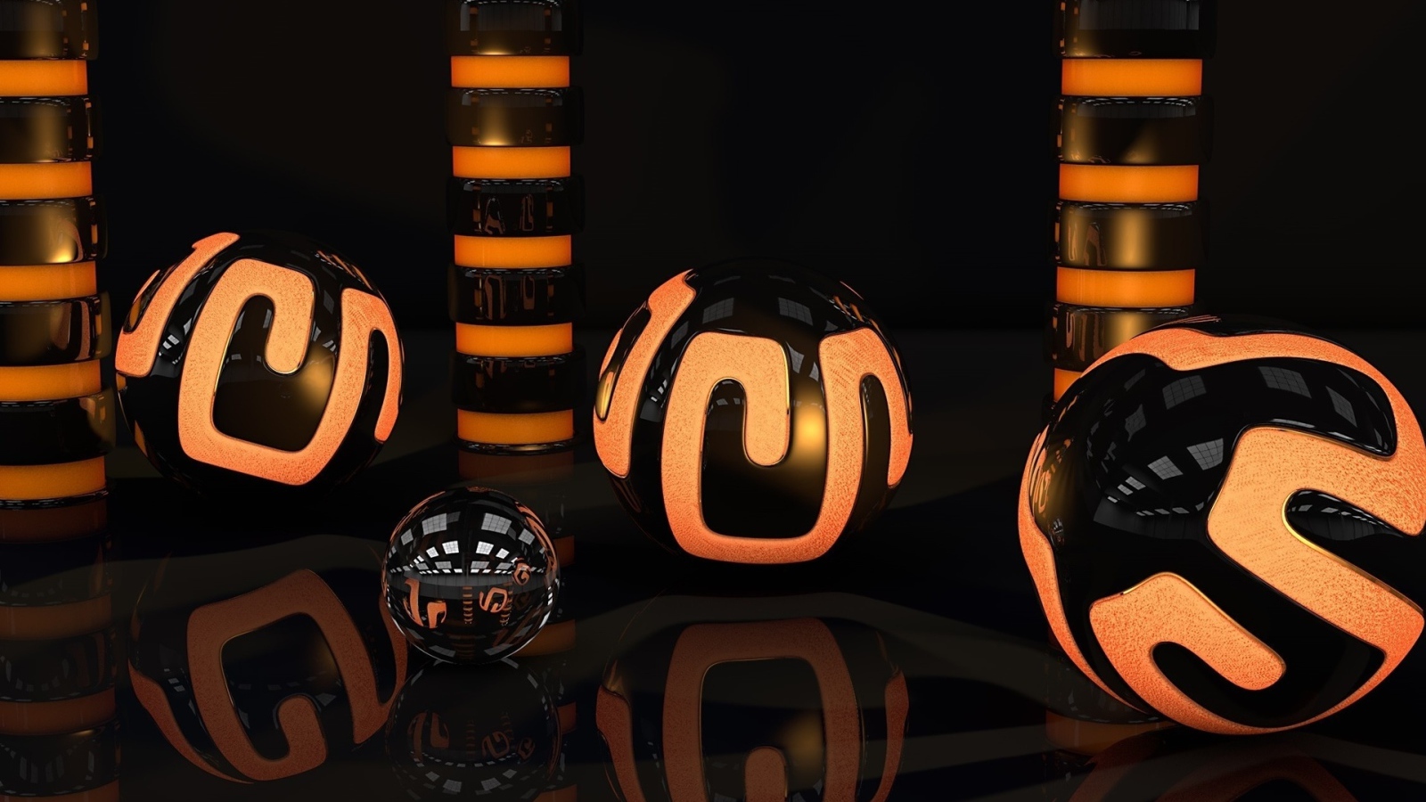 Оранжево-черные 3д шары отражаются в поверхности 