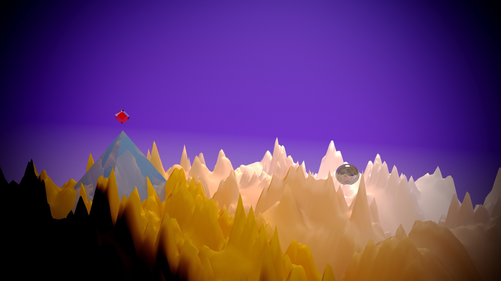 Пирамида на неровной космической поверхности на фиолетовом фоне, 3д графика