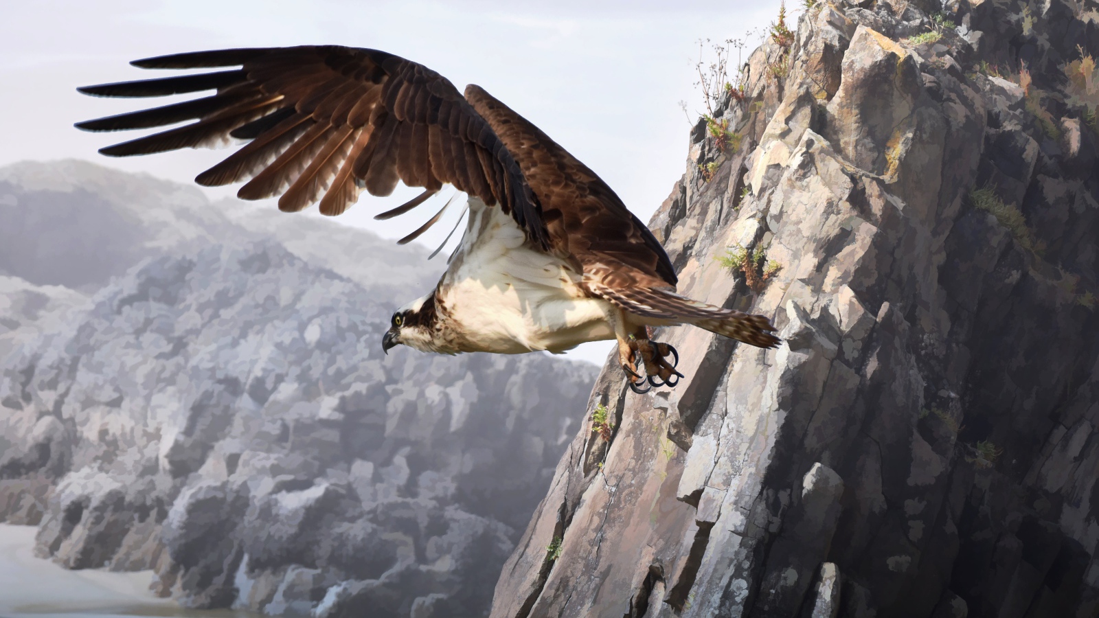 A large predatory falcon flies by the mountain