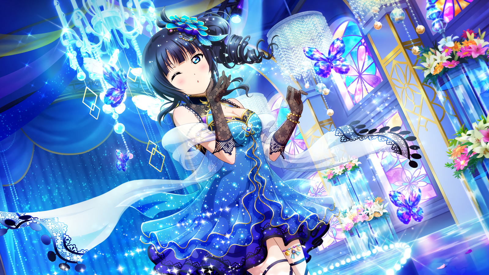 Anime girl in a beautiful blue dress