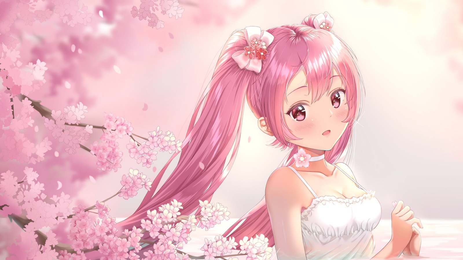 Anime girl with pink hair in a white dress