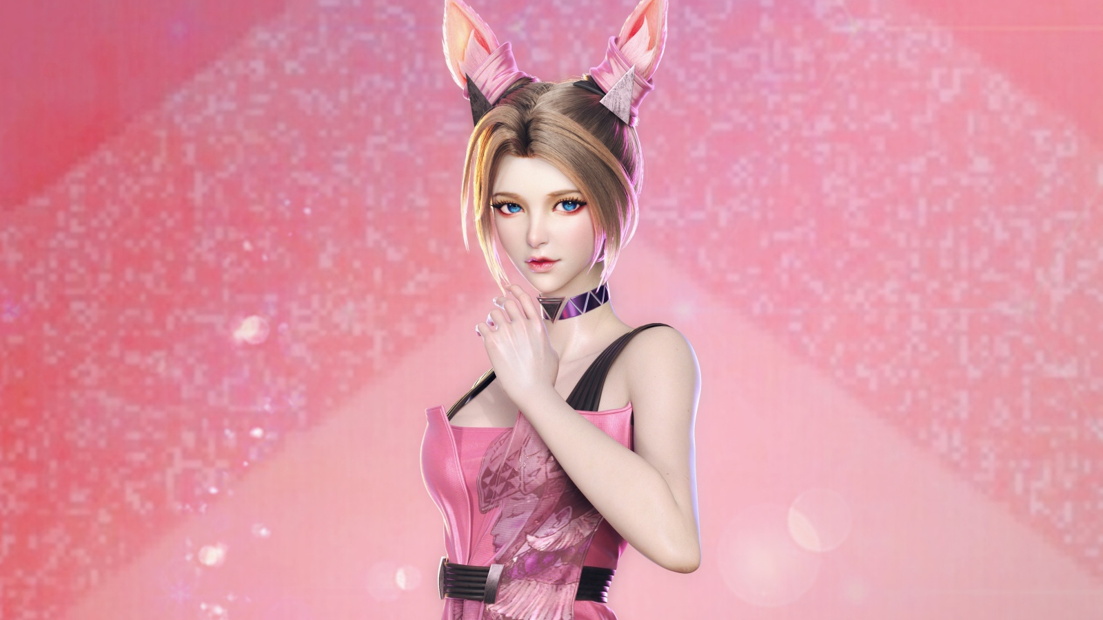 Anime girl with squirrel ears on a pink background