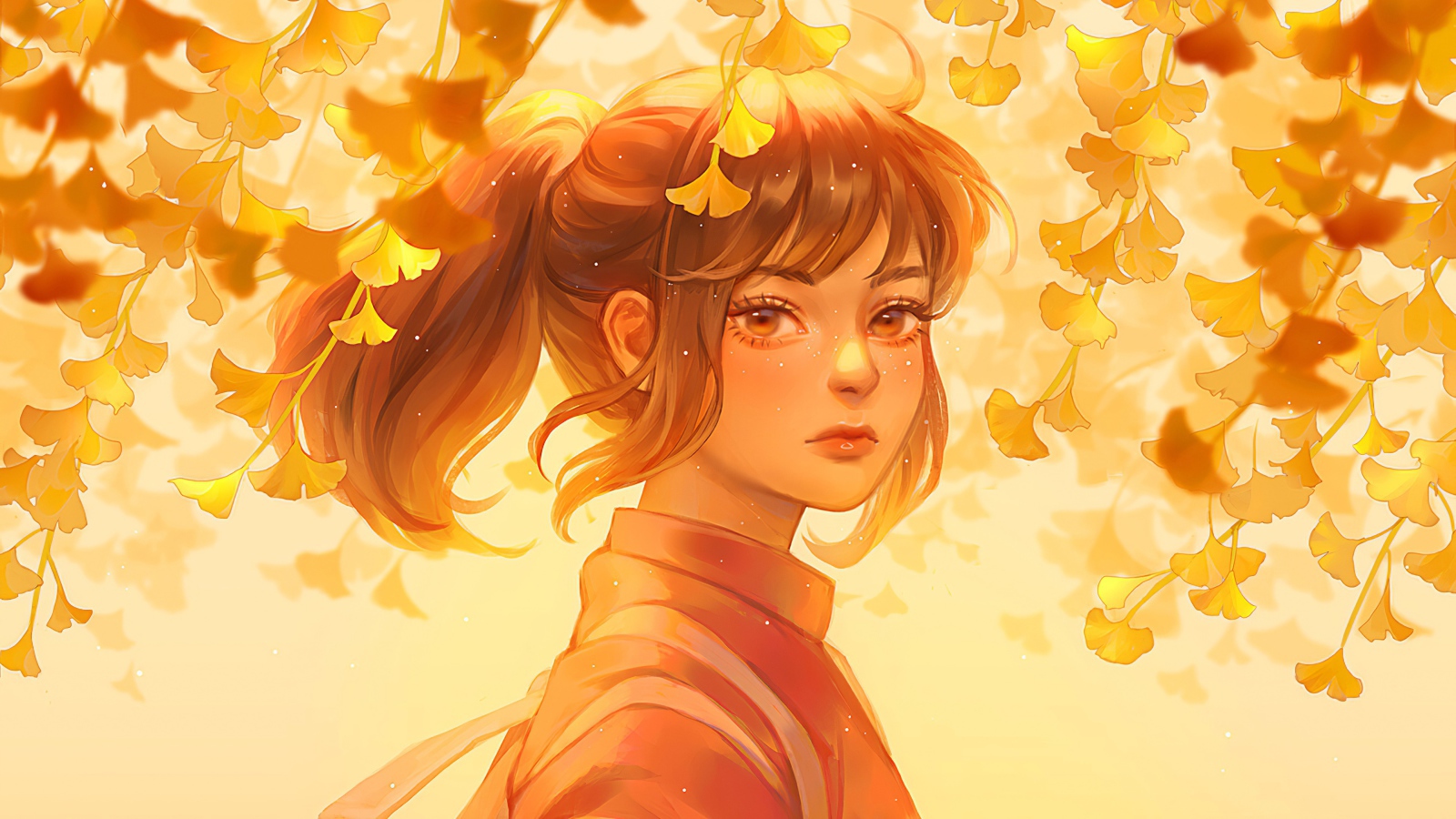 Красивое лицо девушки аниме на фоне листьев 