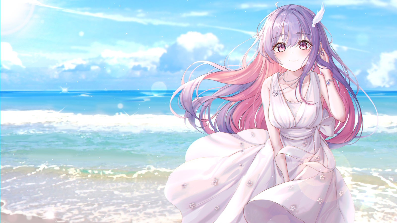 Long-haired anime girl with a white dress by the sea
