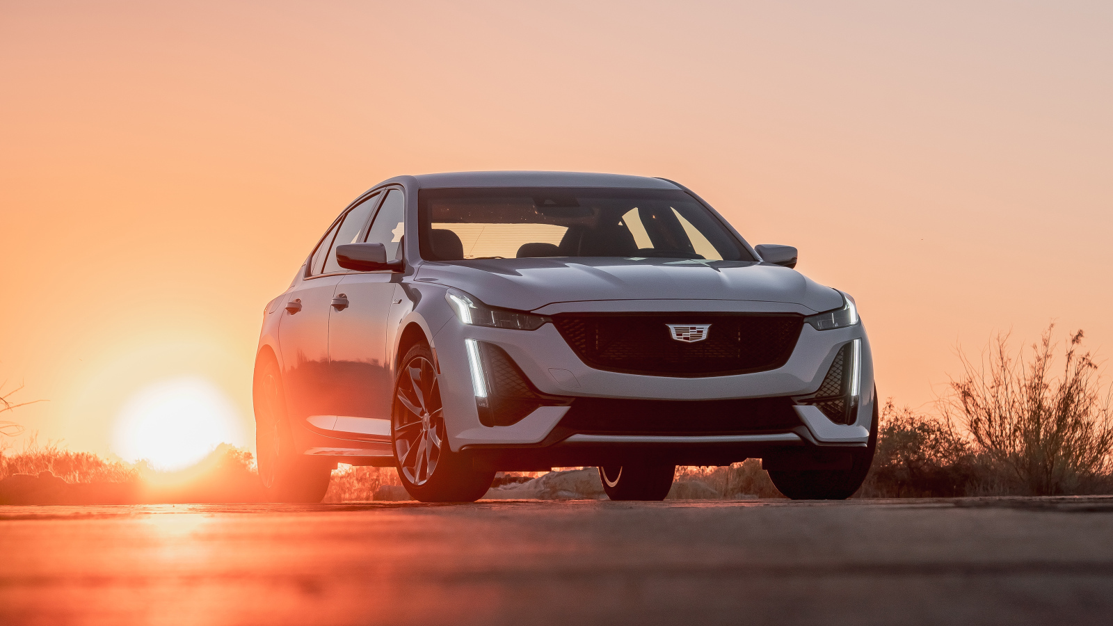 Автомобиль Cadillac CT5-V, 2020 года на фоне заката