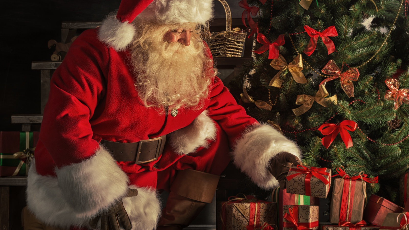Санта Клаус прячет подарки под елкой на Рождество 
