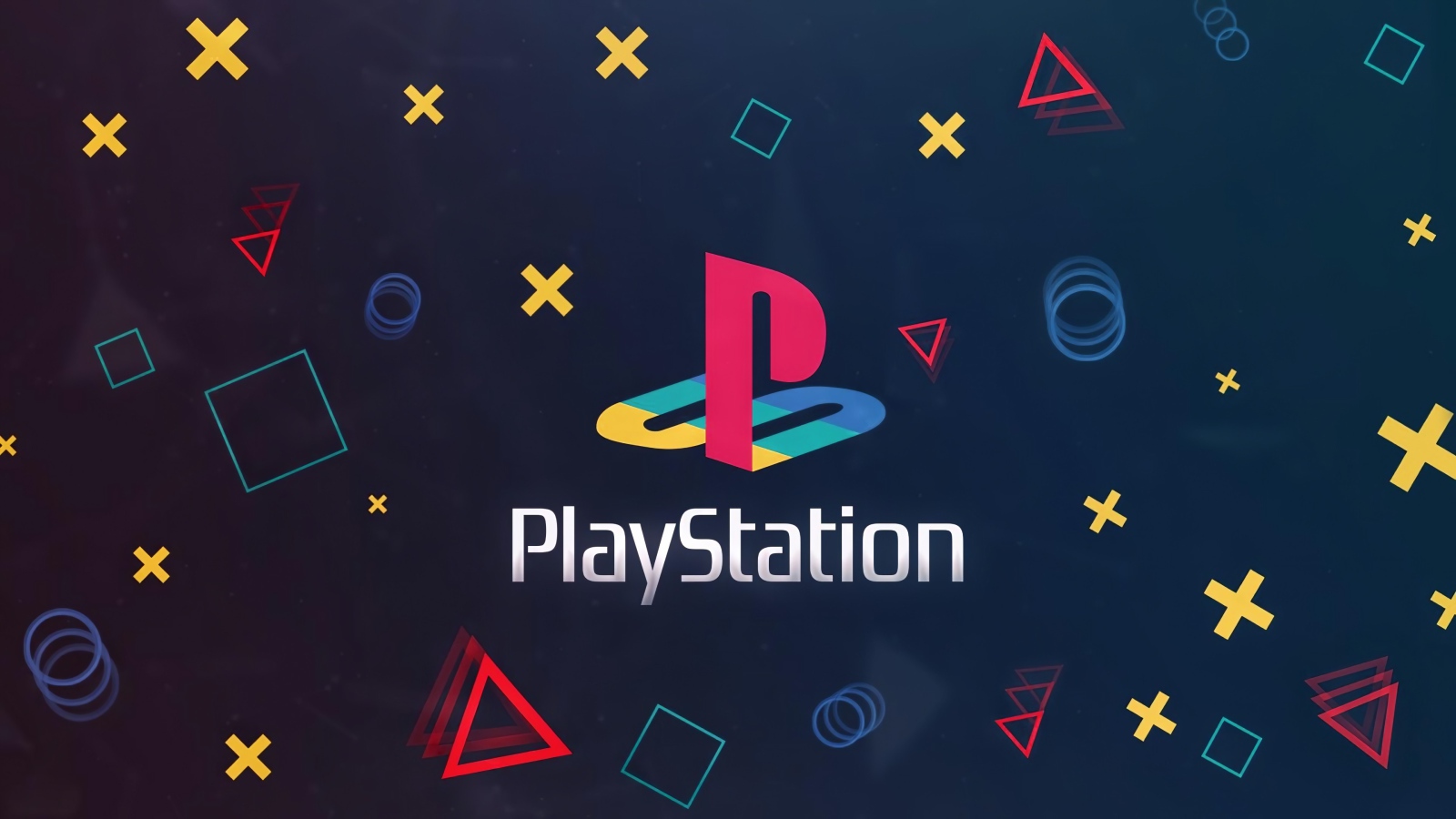 Логотип PlayStation на синем фоне с геометрическими фигурами