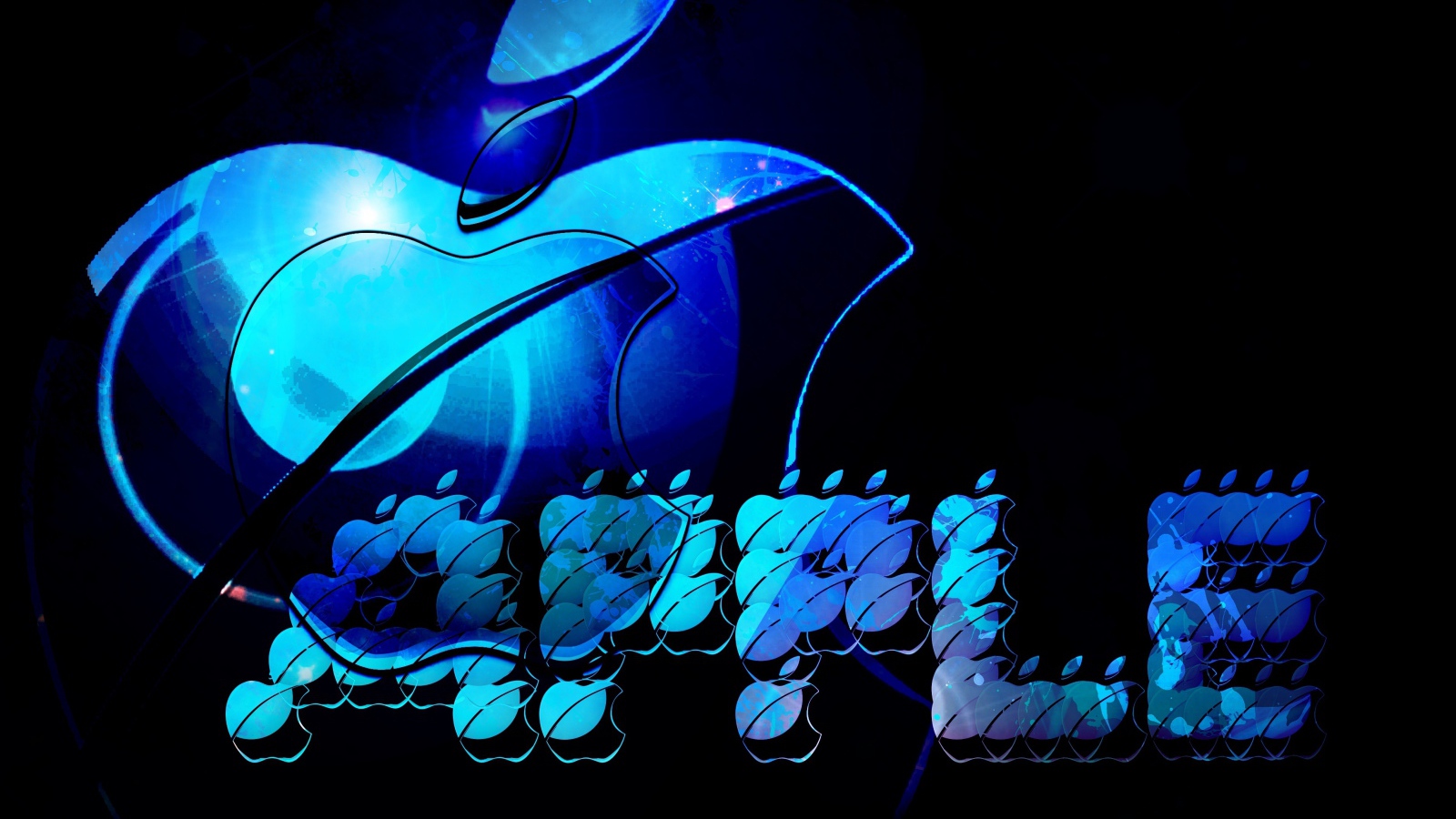 Синий неоновый логотип Apple на черном фоне