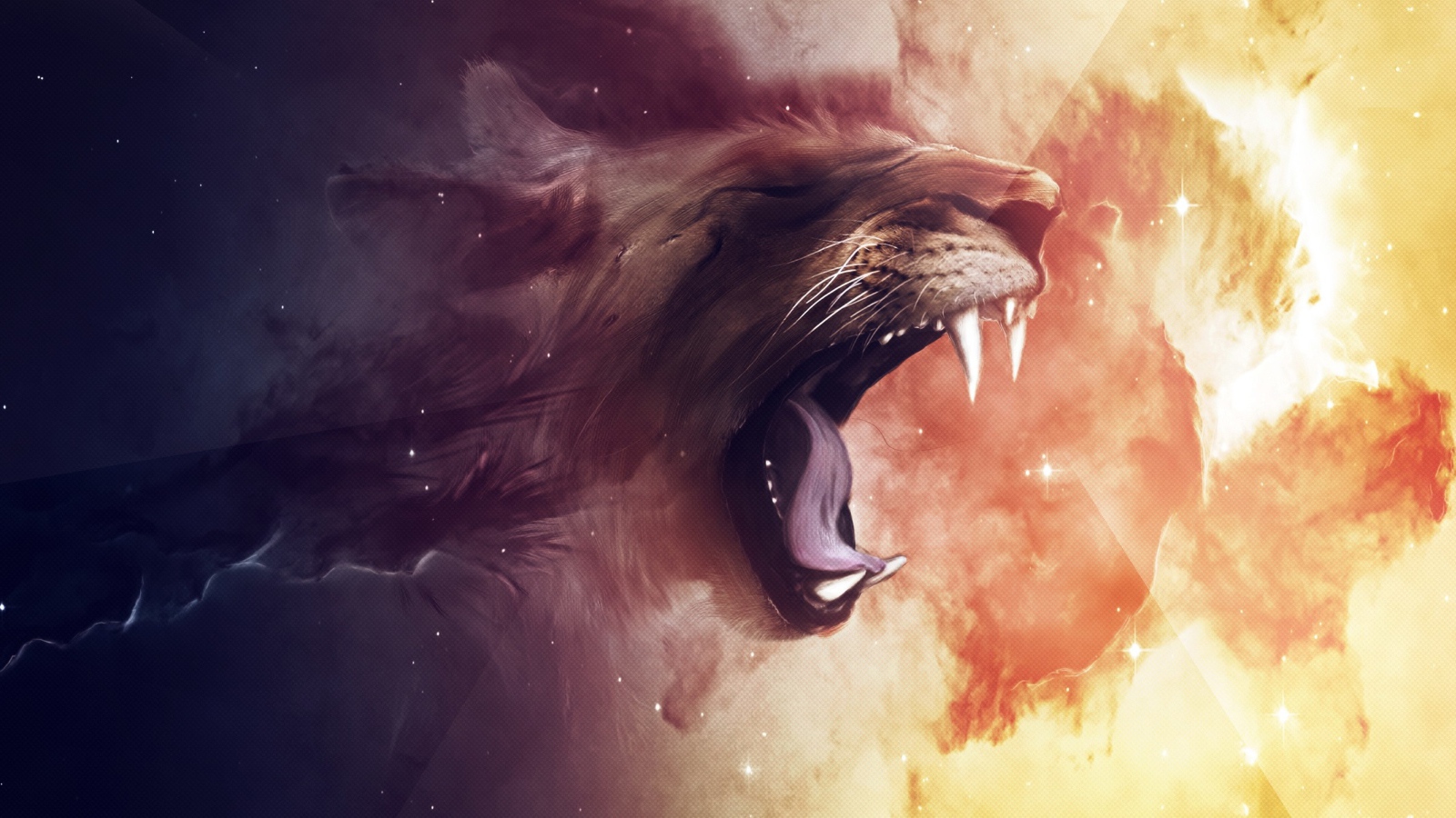 Нарисованный лев зевает на огненном фоне
