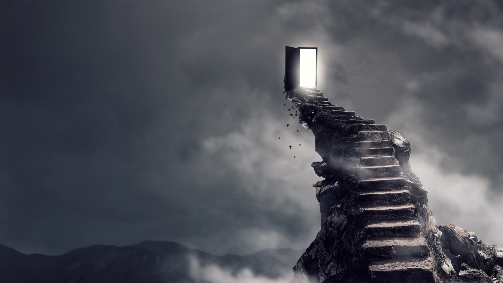 Каменная лестница ведет к двери в небе 