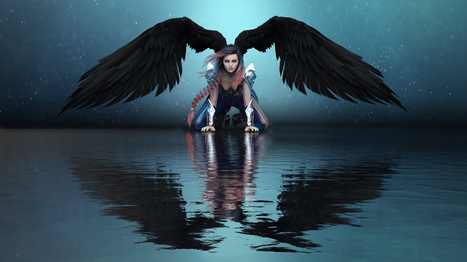Фантастическая девушка ангел с черными крыльями отражается в воде 