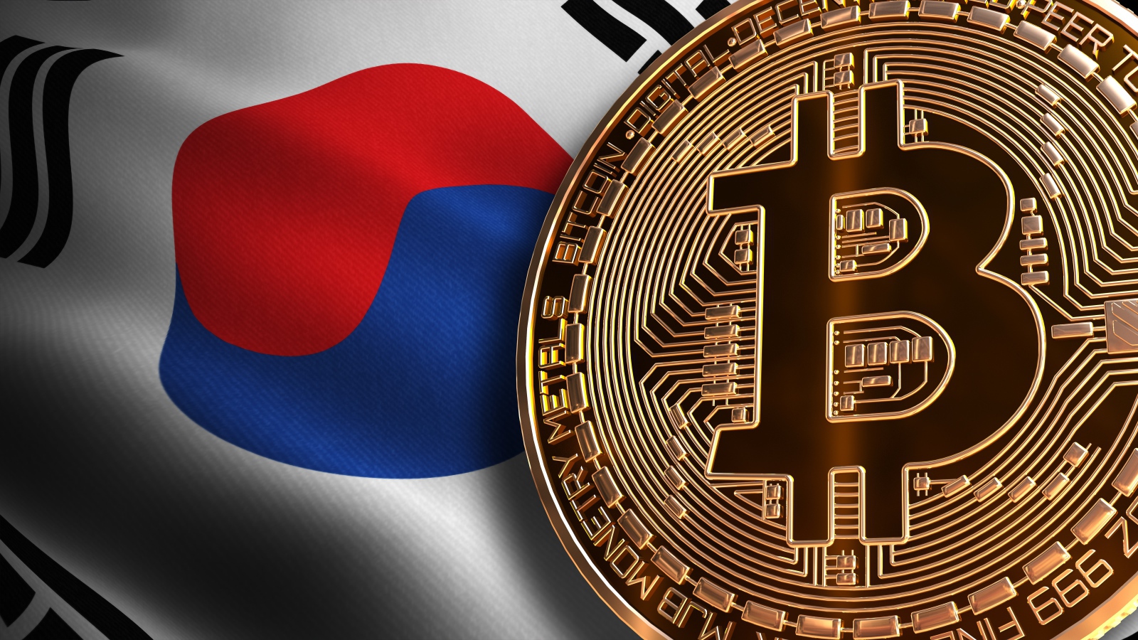 Золотая монета биткоин на фоне флага Кореи