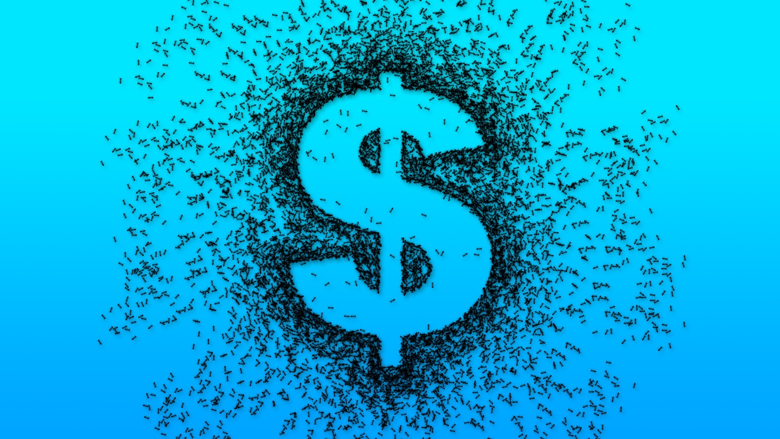 Dollar sign with black ants on a blue background Desktop wallpapers 1600x900