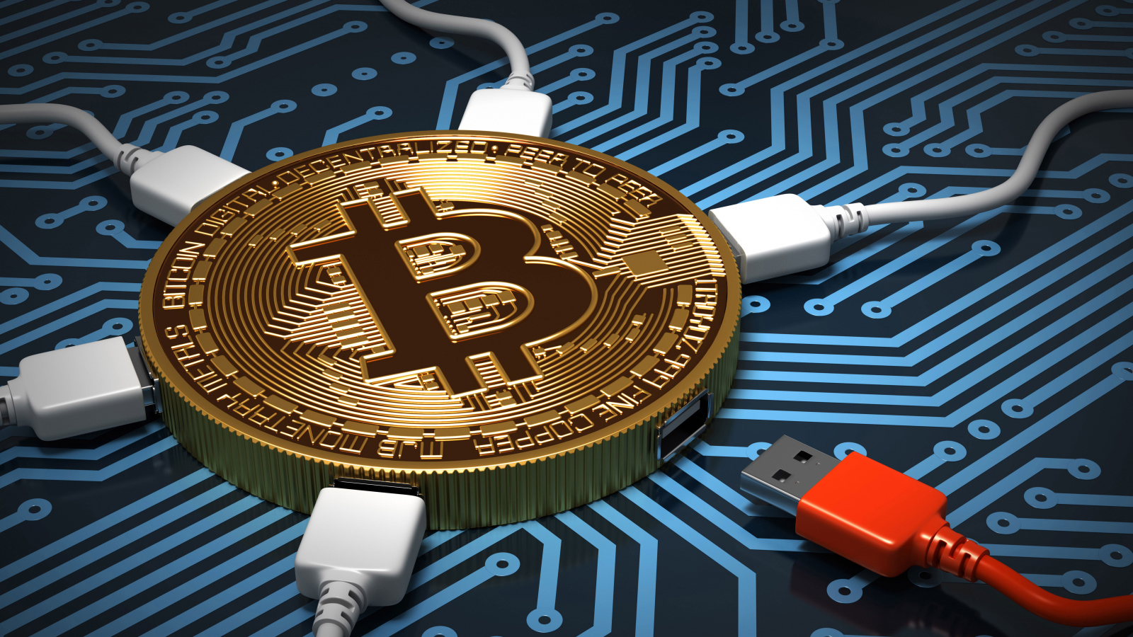Кабель USB подключен к монете биткоин