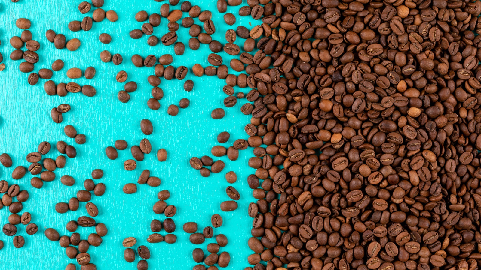 Много обжаренных кофейных зерен на голубом фоне