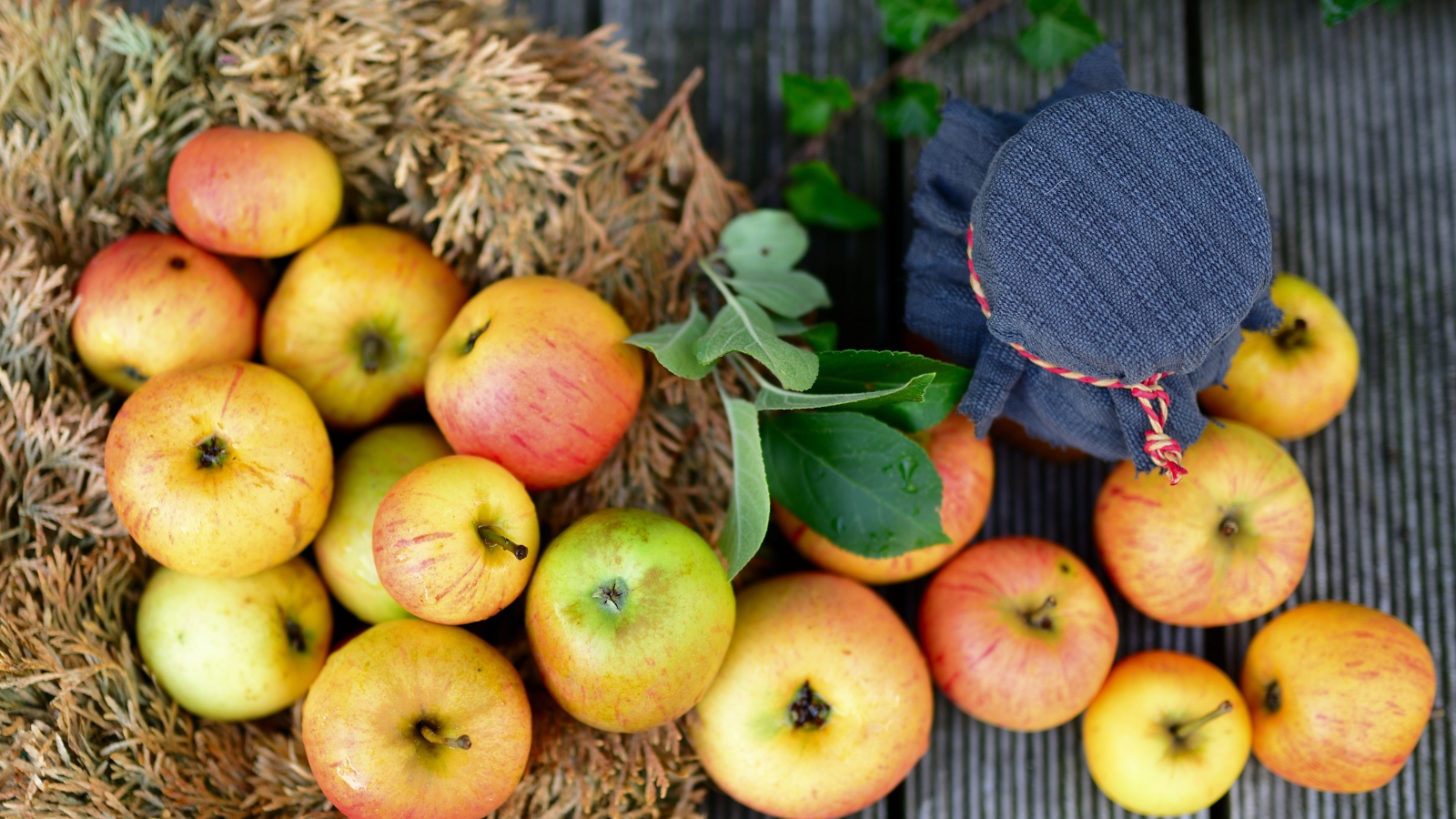 Много спелых яблок на столе с вареньем 