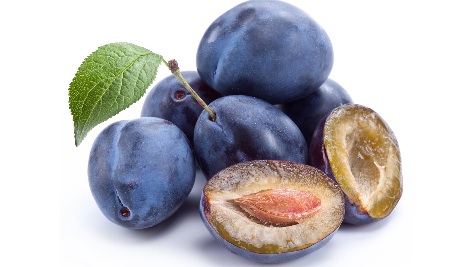 Спелые синие сливы на белом фоне