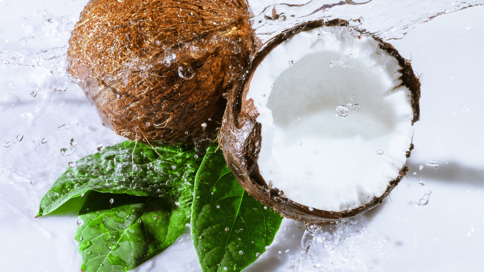 Два кокоса в брызгах воды на белом фоне