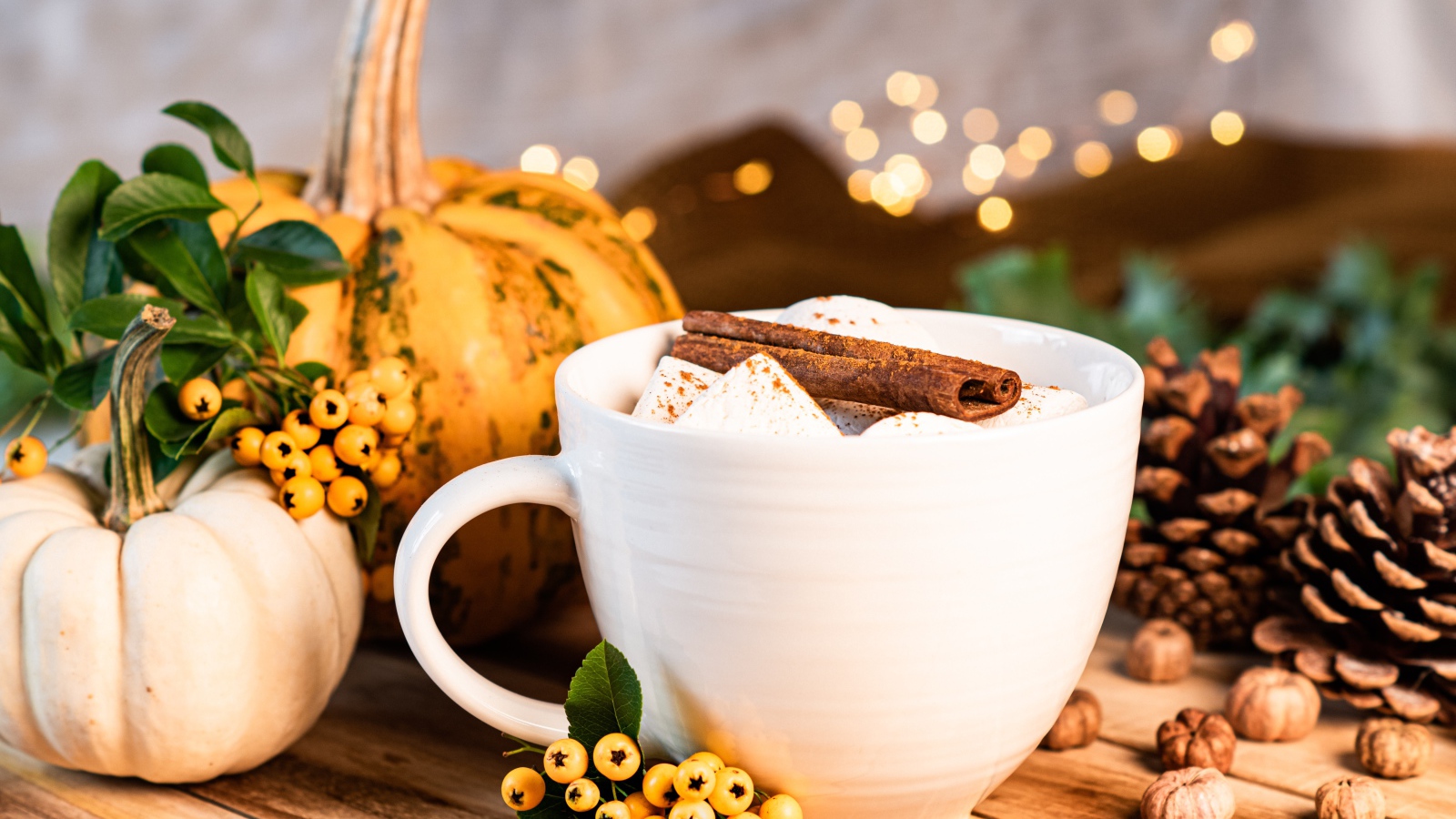 Чашка горячего маршмеллоу с корицей на столе с тыквой и шишками