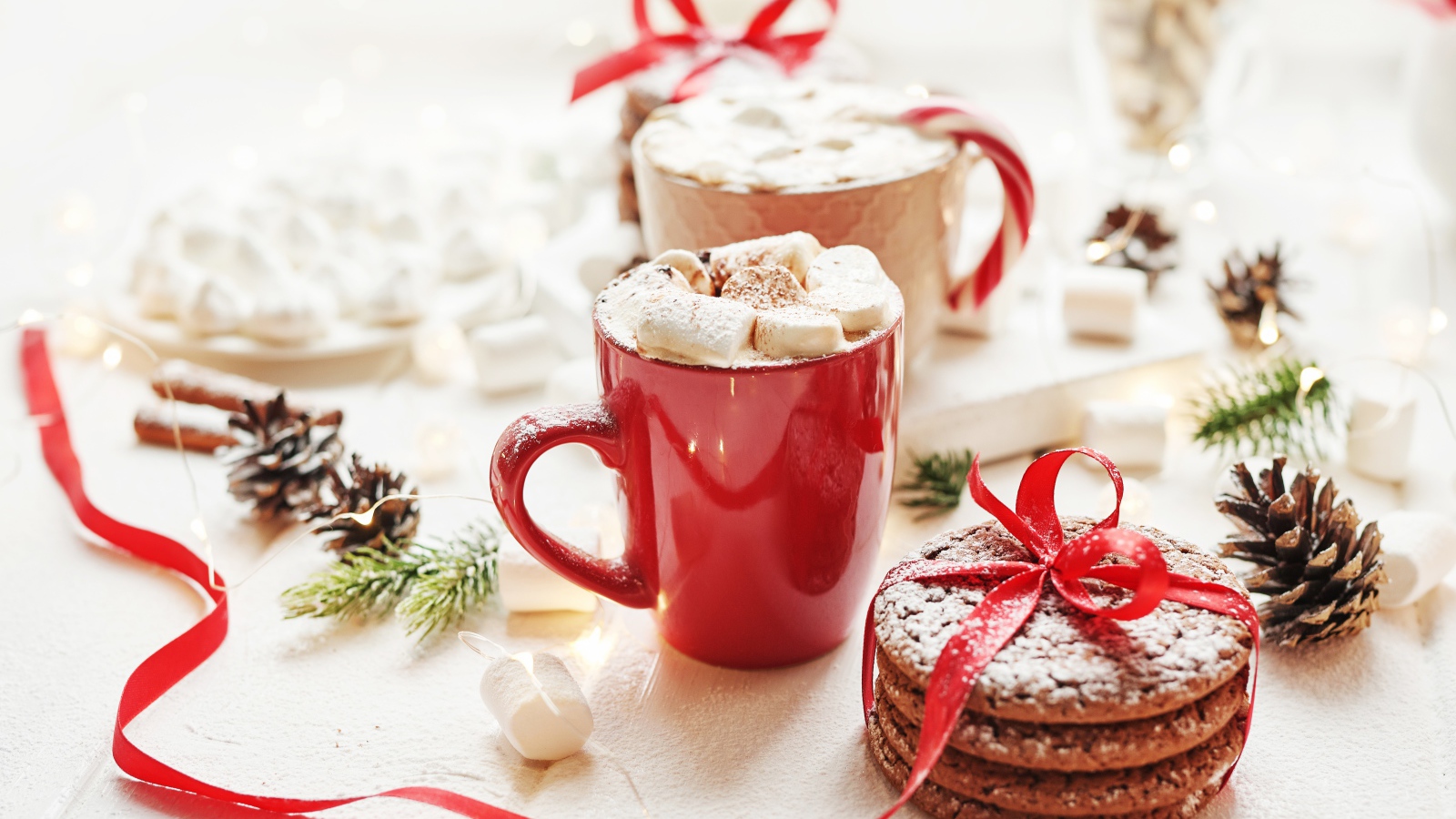 Чашки напитка с маршмеллоу на столе с печеньем