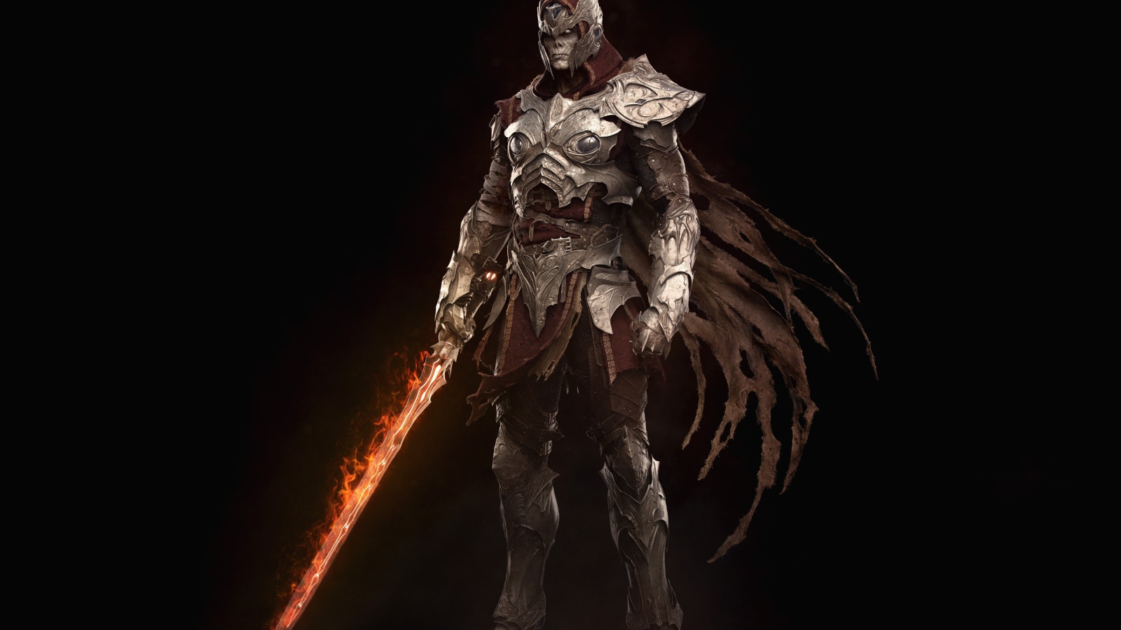 Воин в железных доспехах с огненным мечом в руке