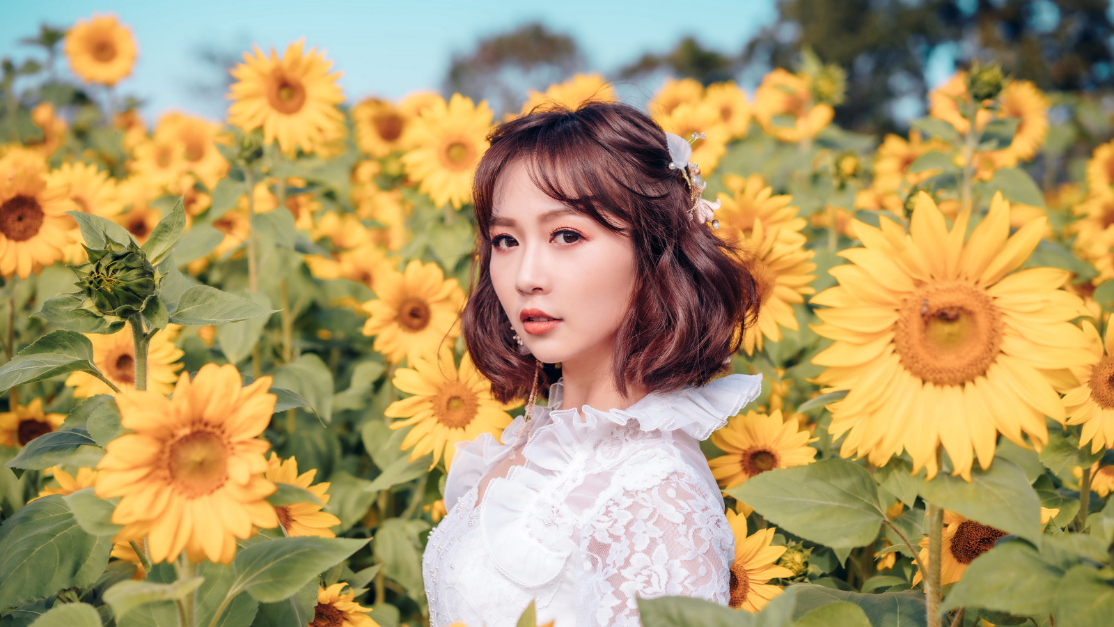 Красивая девушка азиатка в белом платье на поле с подсолнухами