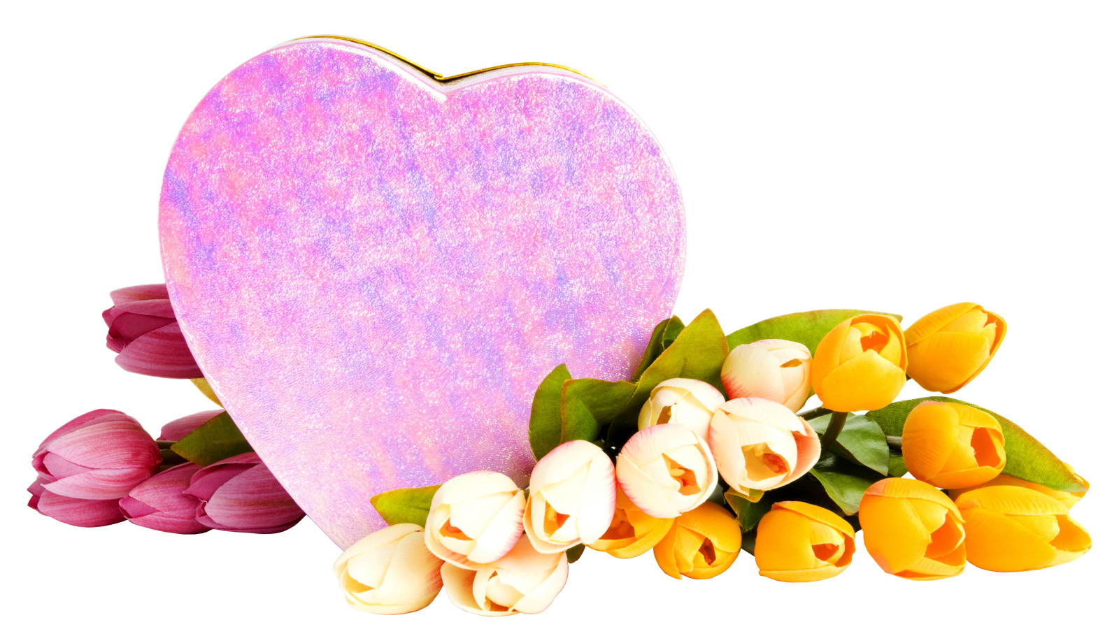 Коробка в форме сердца и букет тюльпанов на белом фоне на 8 марта