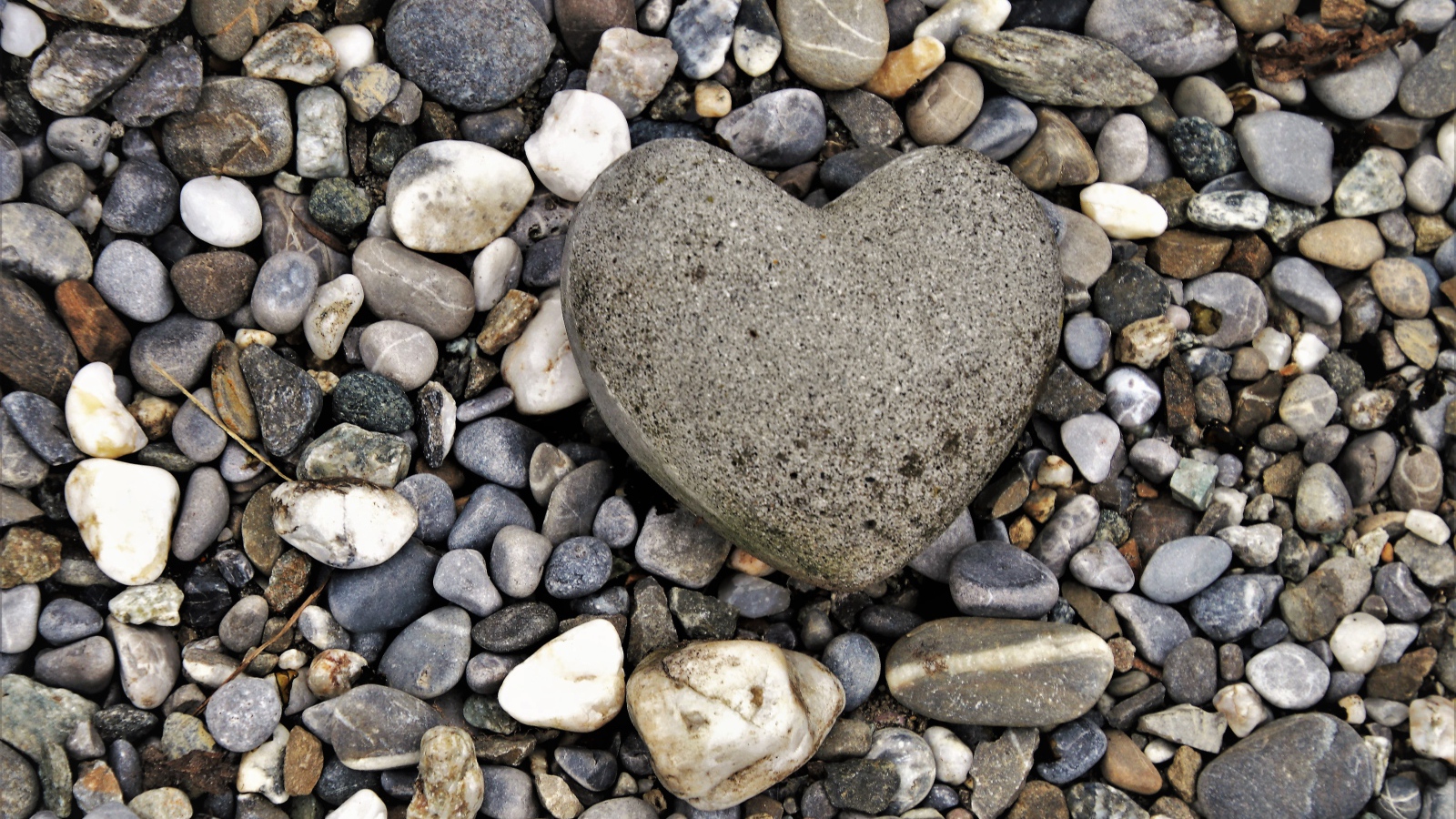 Большой камень в форме сердца лежит на морской гальке