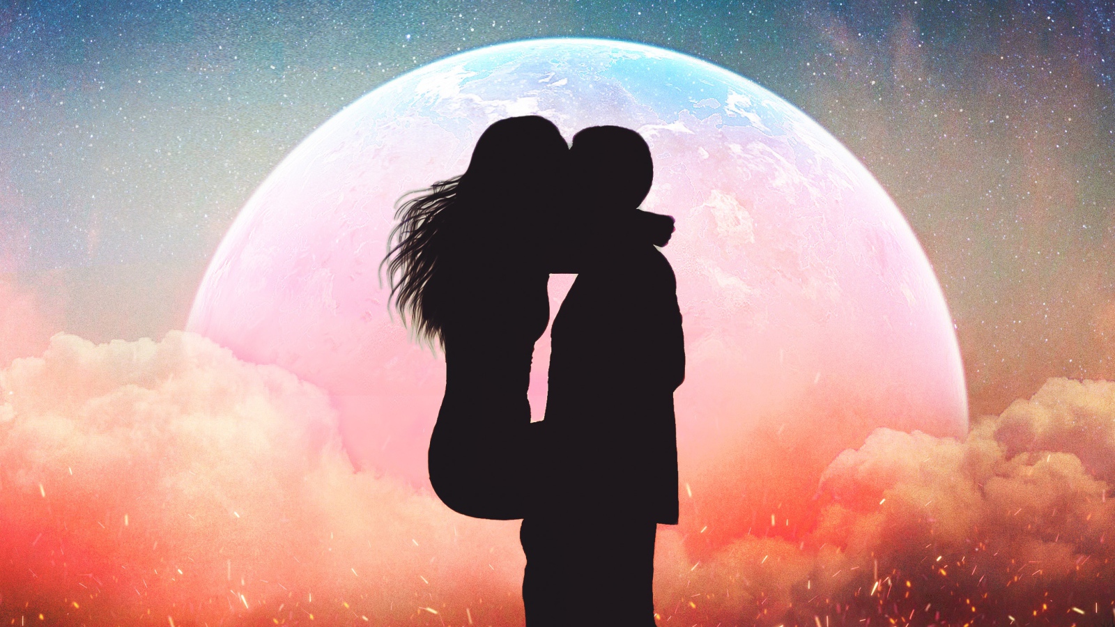 Поцелуй влюбленной пары на фоне планеты ночью 