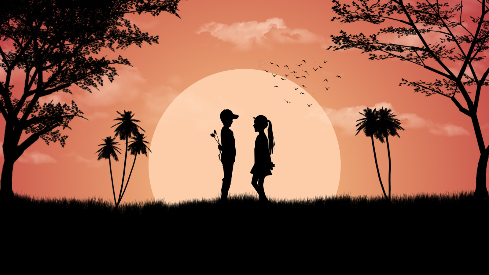Loving couple on a background of the big moon