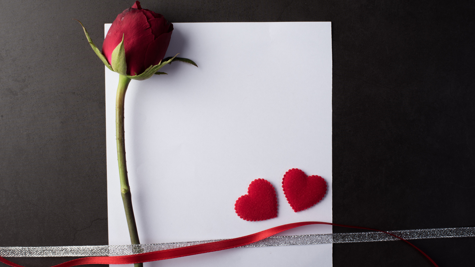 Белый лист бумаги, роза и ленточки на сером фоне