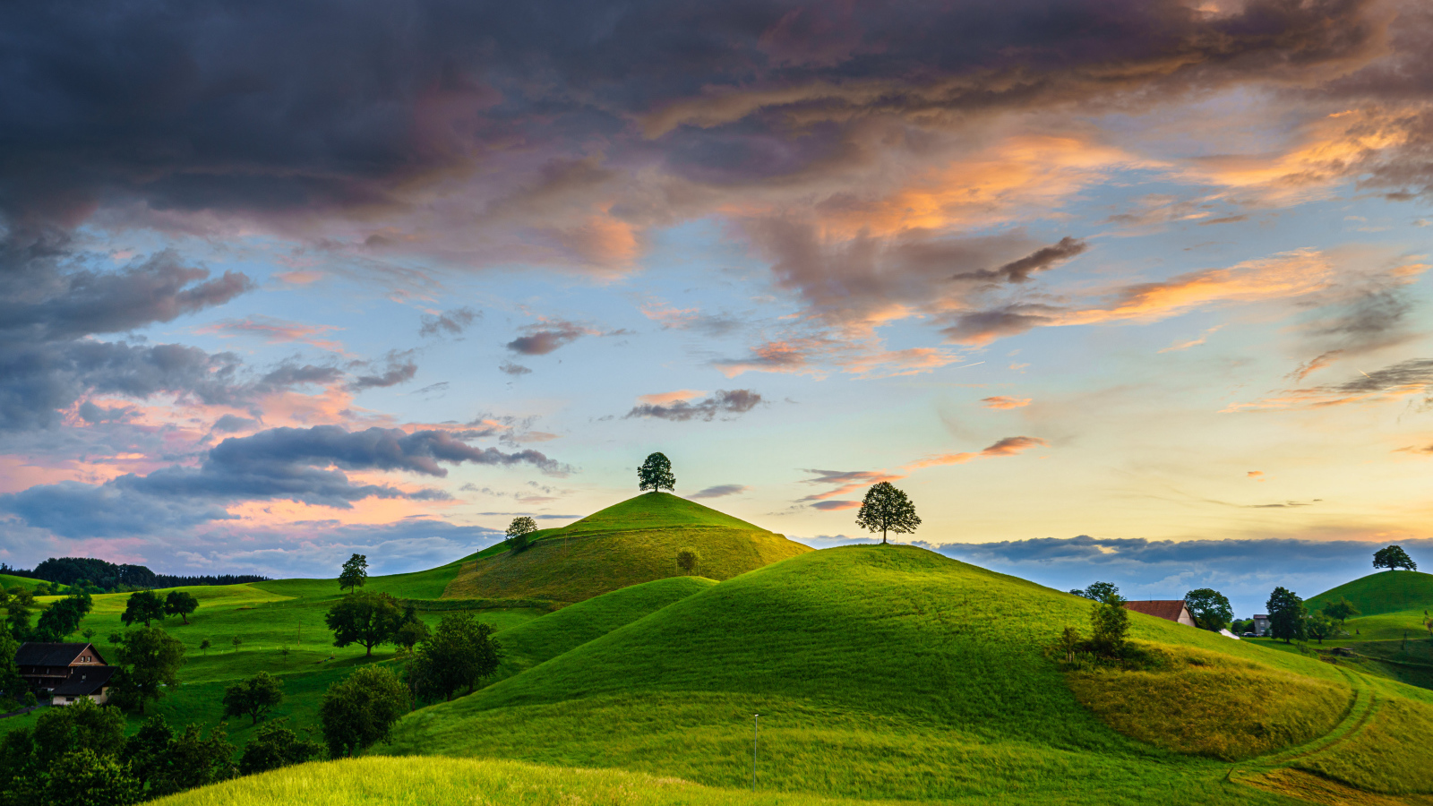 Зеленые холмы с деревьями под небом с грозовыми облаками