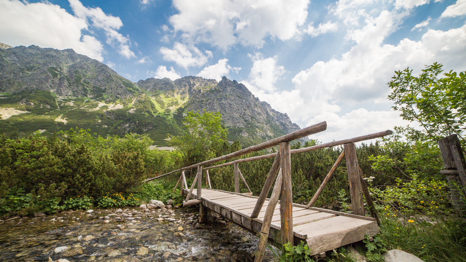 Старый деревянный мост через речку на фоне гор