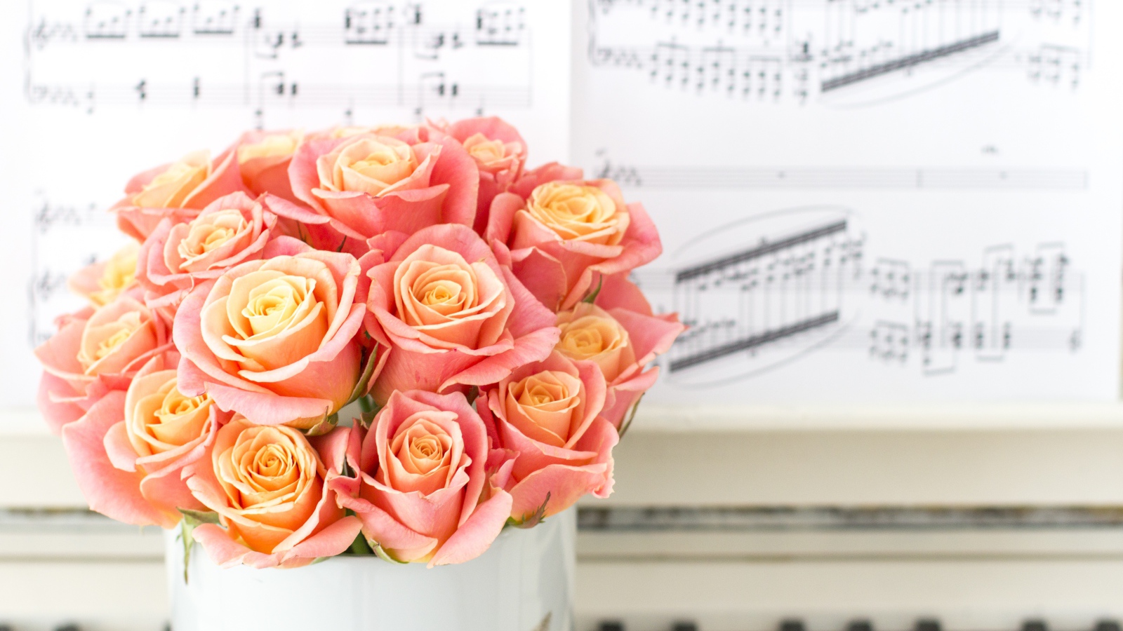 Красивый букет розовых роз стоит на пианино 