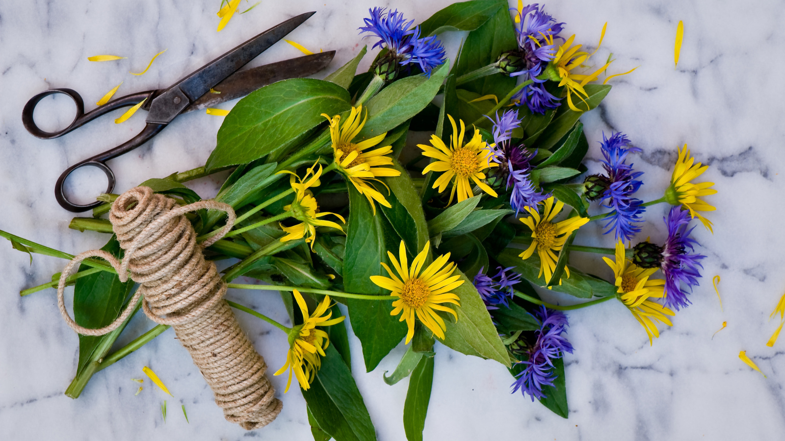 Букет васильков с желтыми цветами на столе с веревкой и ножницами