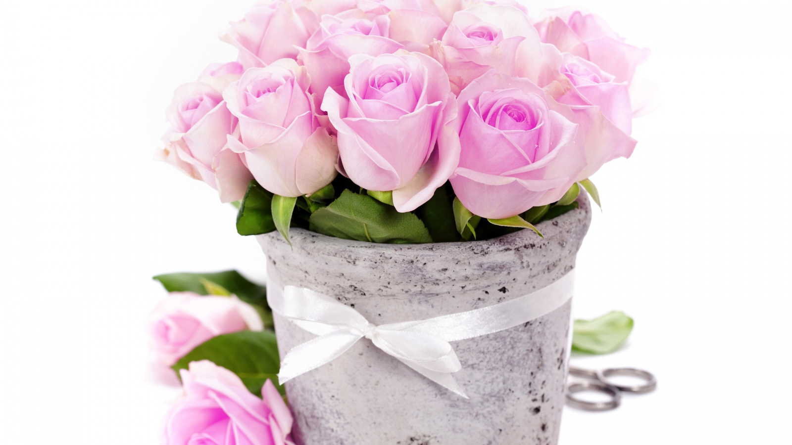 Букет розовых роз в вазе с белой лентой 